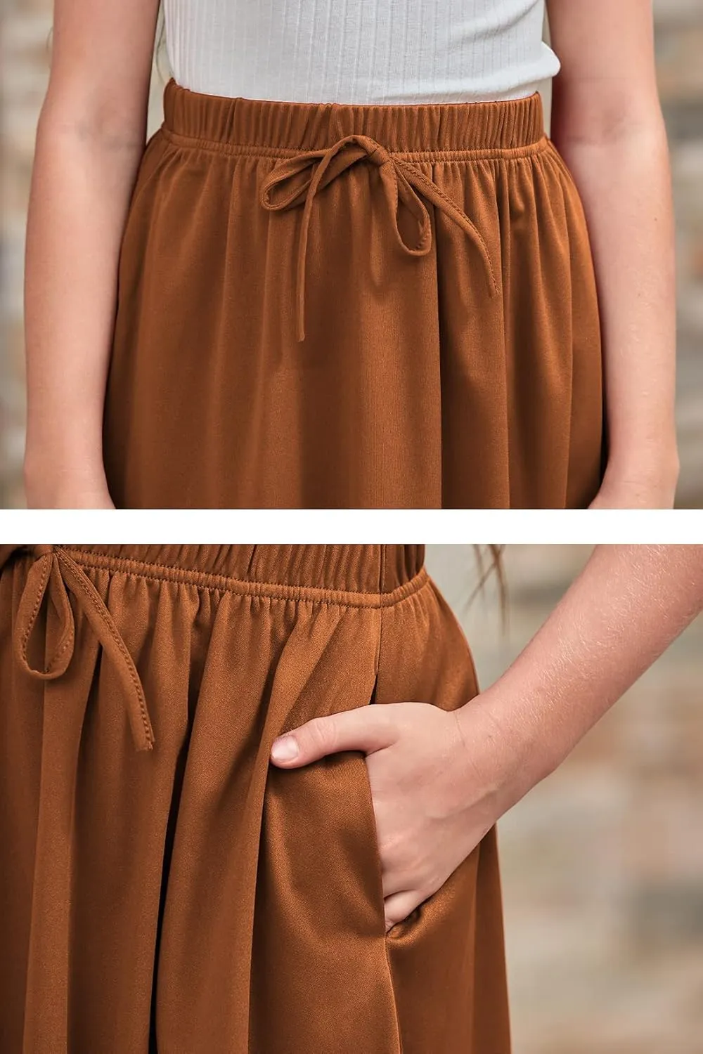 GORLYA Girls Casual Scallop Trim Hem Elastic Waist A-Line Swing Midi Skirt with Pockets for 4-14T