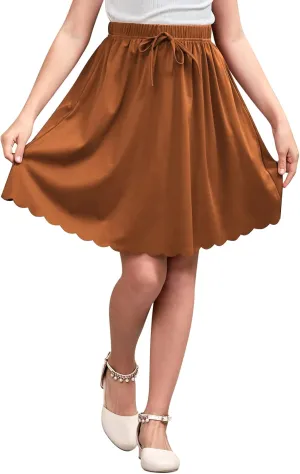 GORLYA Girls Casual Scallop Trim Hem Elastic Waist A-Line Swing Midi Skirt with Pockets for 4-14T