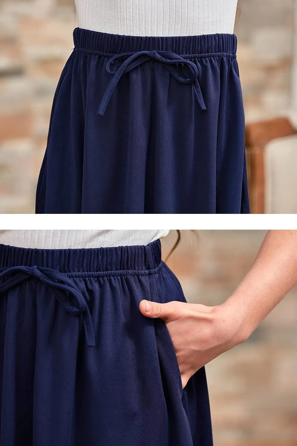 GORLYA Girls Casual Scallop Trim Hem Elastic Waist A-Line Swing Midi Skirt with Pockets for 4-14T