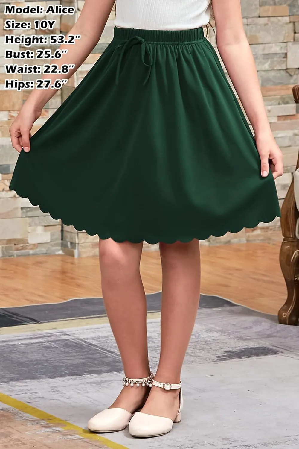 GORLYA Girls Casual Scallop Trim Hem Elastic Waist A-Line Swing Midi Skirt with Pockets for 4-14T