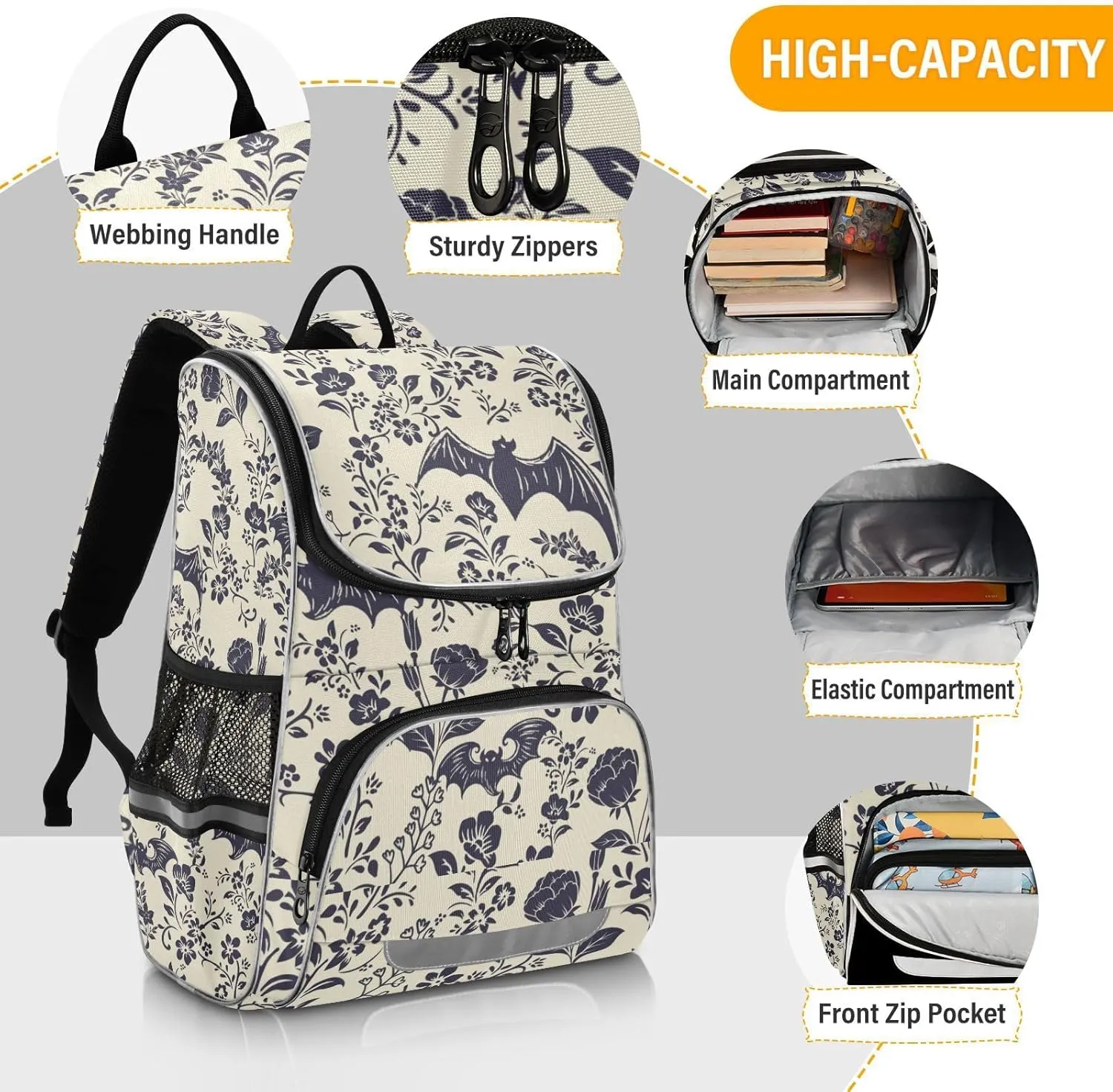 Goth Bats Backpack 16 Inch Stylish Casual Rucksack Daypacks, College School Student Laptop Backpack