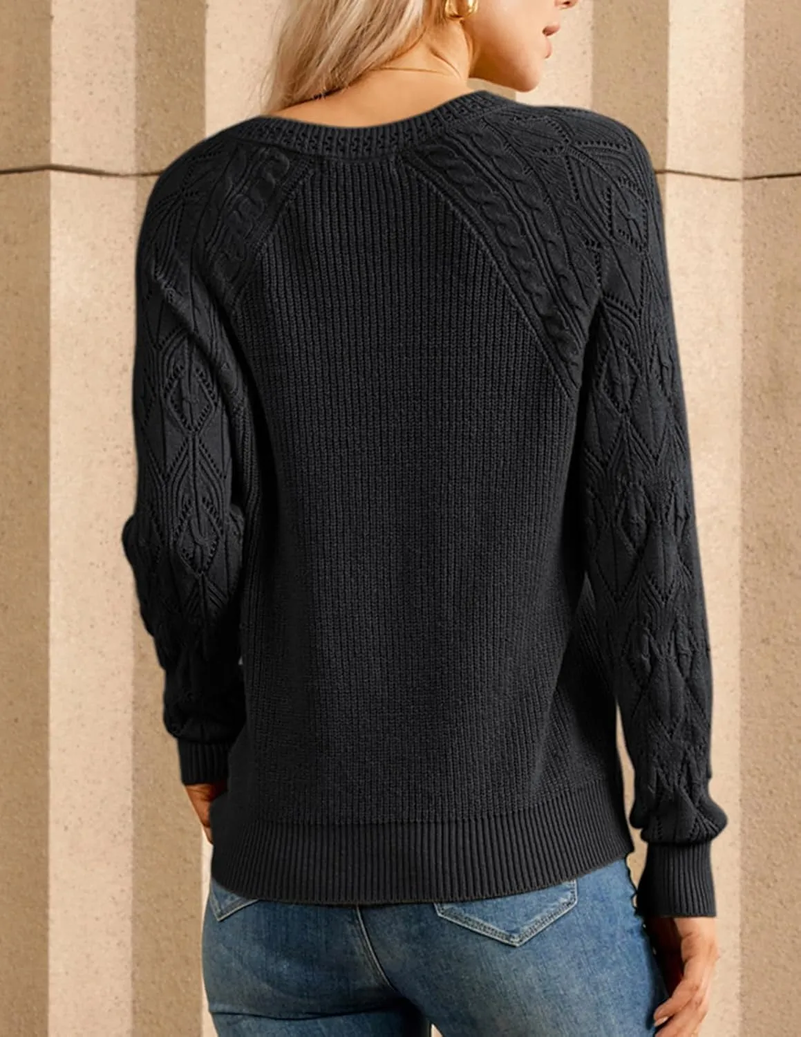 GRACE KARIN V Neck Sweater for Women Crochet Pullover Sweater Tops Cable Knit Sleeve Sweaters Spring Summer Fashion 2025