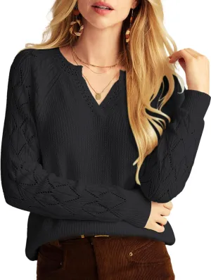 GRACE KARIN V Neck Sweater for Women Crochet Pullover Sweater Tops Cable Knit Sleeve Sweaters Spring Summer Fashion 2025