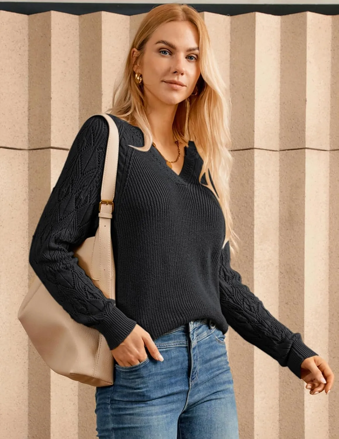 GRACE KARIN V Neck Sweater for Women Crochet Pullover Sweater Tops Cable Knit Sleeve Sweaters Spring Summer Fashion 2025