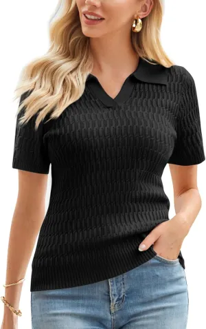 GRACE KARIN Womens 2025 Summer Short Sleeve Sweater V-Neck Collared Pullover Sweater Tops Lightweight Knit Polo Shirt