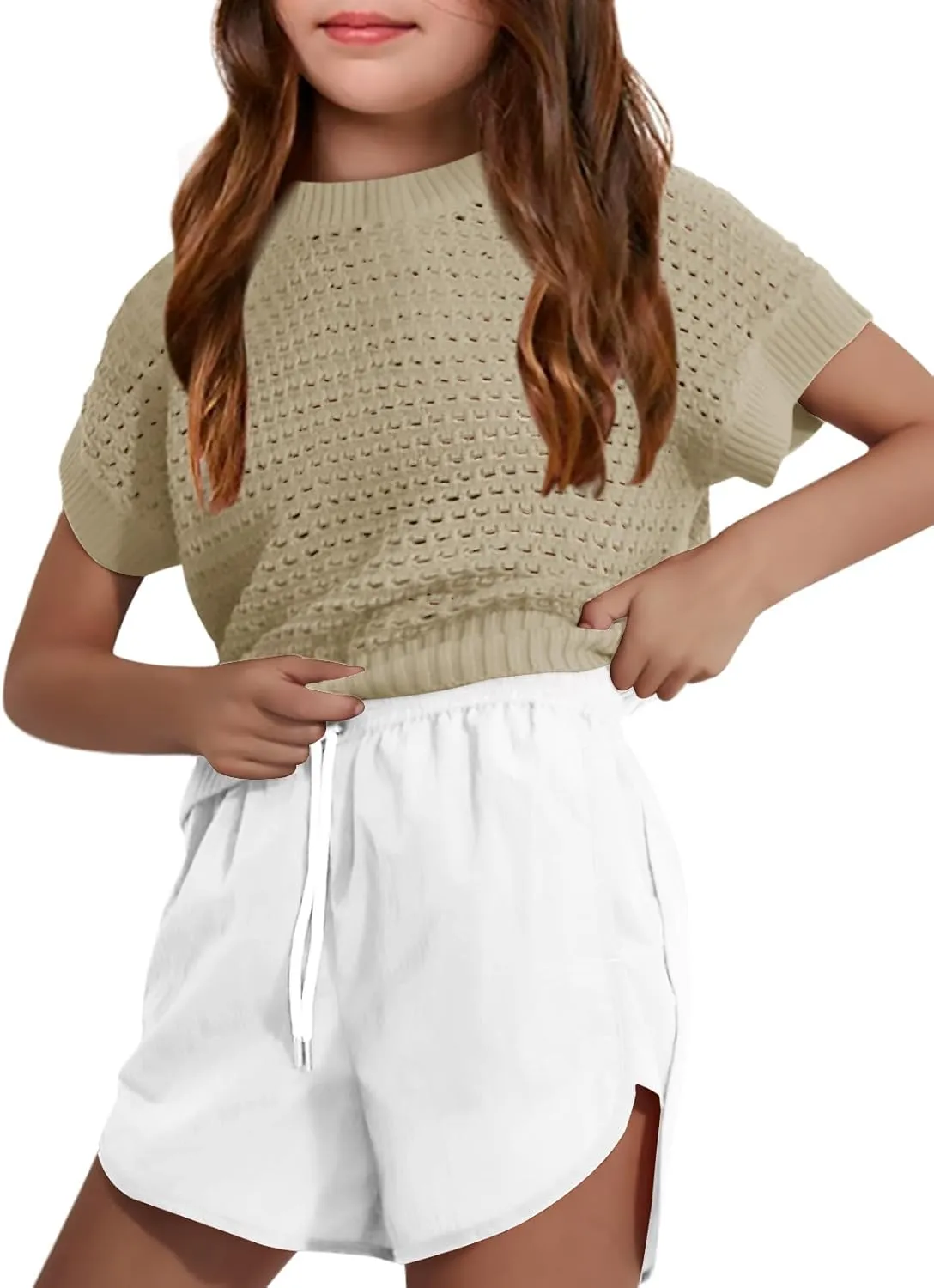 Haloumoning Girls Short Sleeve T Shirt Crewneck Knit Crop Top Hollow Out Pullovers Sweater 5-14 Years