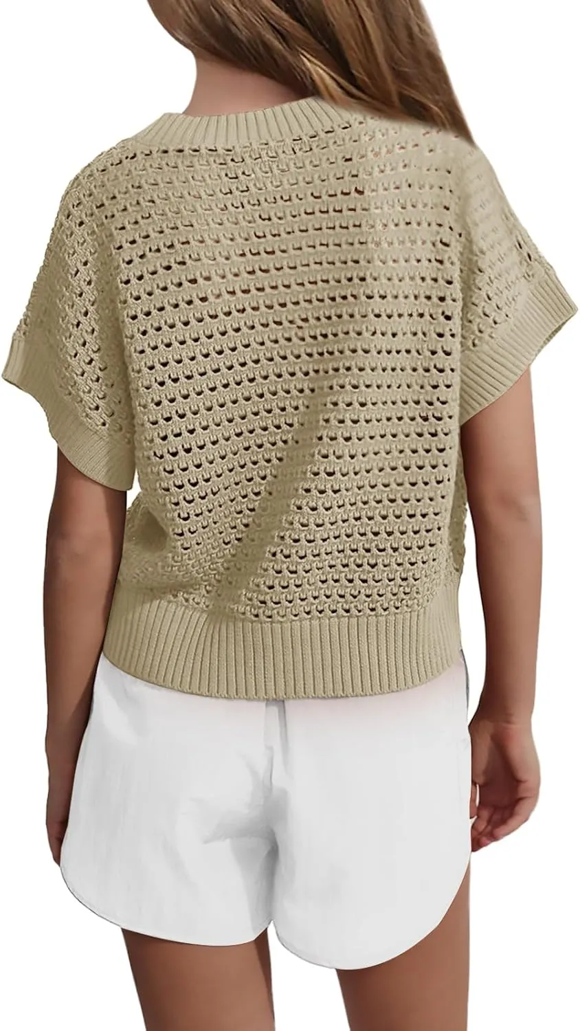 Haloumoning Girls Short Sleeve T Shirt Crewneck Knit Crop Top Hollow Out Pullovers Sweater 5-14 Years