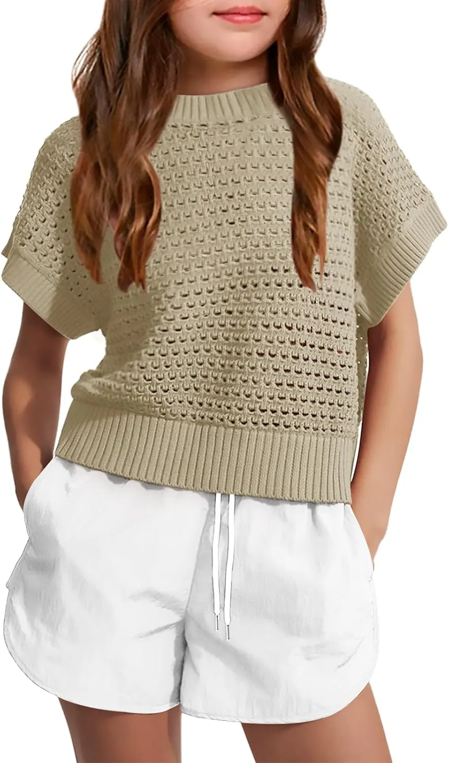 Haloumoning Girls Short Sleeve T Shirt Crewneck Knit Crop Top Hollow Out Pullovers Sweater 5-14 Years
