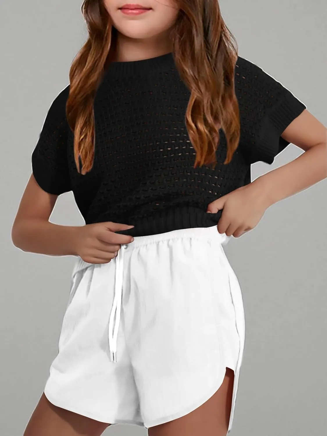 Haloumoning Girls Short Sleeve T Shirt Crewneck Knit Crop Top Hollow Out Pullovers Sweater 5-14 Years
