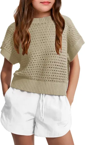 Haloumoning Girls Short Sleeve T Shirt Crewneck Knit Crop Top Hollow Out Pullovers Sweater 5-14 Years