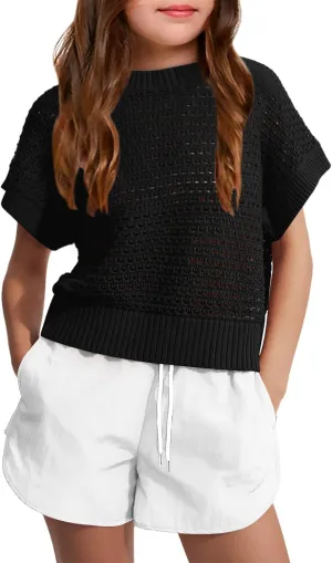 Haloumoning Girls Short Sleeve T Shirt Crewneck Knit Crop Top Hollow Out Pullovers Sweater 5-14 Years