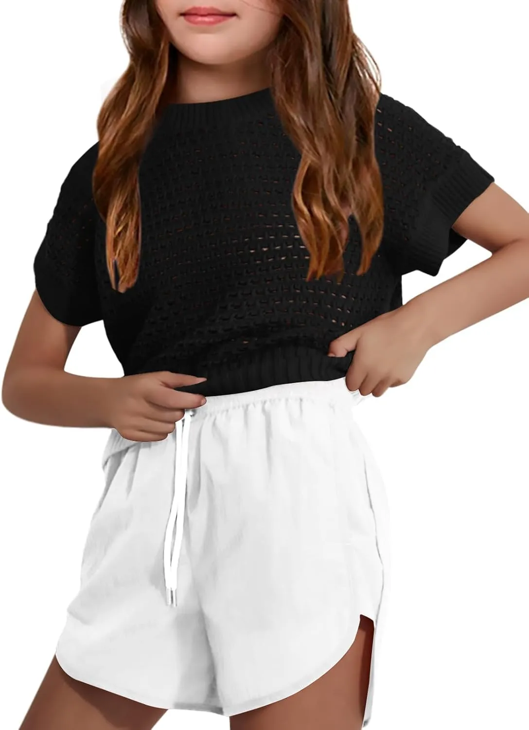 Haloumoning Girls Short Sleeve T Shirt Crewneck Knit Crop Top Hollow Out Pullovers Sweater 5-14 Years