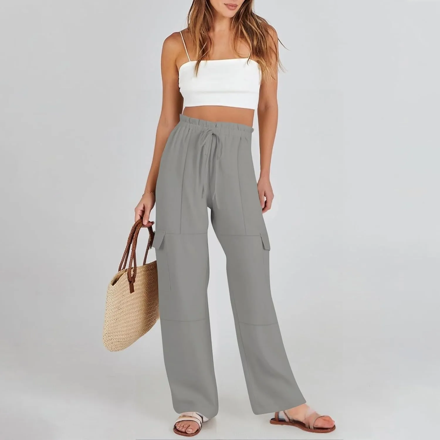 High Waisted Linen Pants Women Plus Size Baggy Wide Leg Palazzo Pants Lightweight Cargo Pant Summer Beach Pant