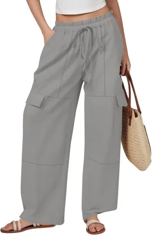 High Waisted Linen Pants Women Plus Size Baggy Wide Leg Palazzo Pants Lightweight Cargo Pant Summer Beach Pant