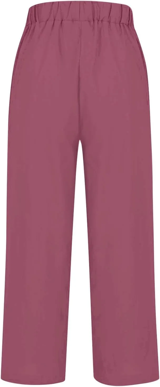High Wasted Linen Pants Summer Lightweight Capri Pants for Women Wide Leg Cotton Pants