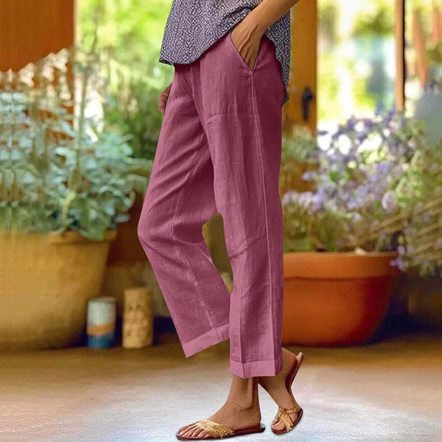 High Wasted Linen Pants Summer Lightweight Capri Pants for Women Wide Leg Cotton Pants