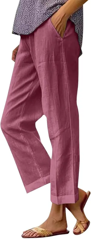 High Wasted Linen Pants Summer Lightweight Capri Pants for Women Wide Leg Cotton Pants