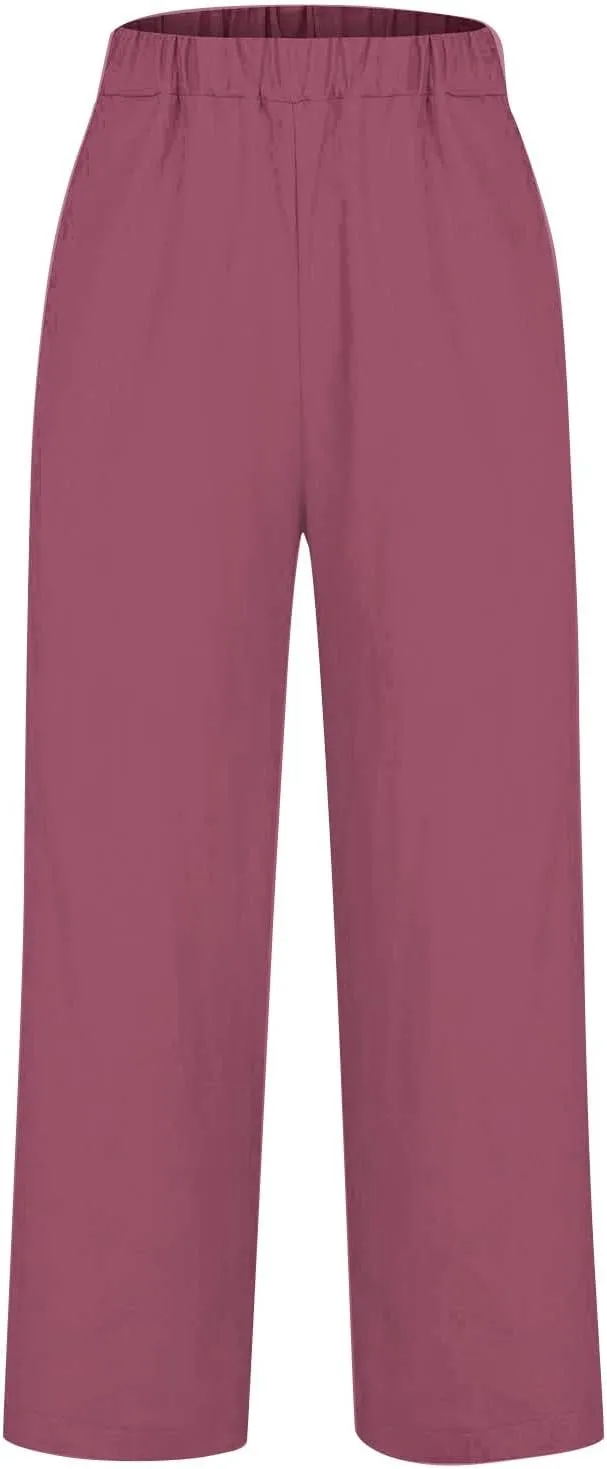 High Wasted Linen Pants Summer Lightweight Capri Pants for Women Wide Leg Cotton Pants
