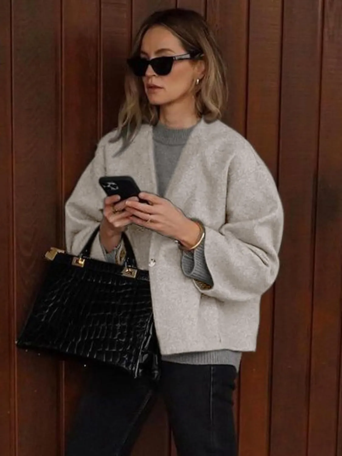 HOTIAN Women Plus Size Cropped Wool Blend Coats Long Sleeve Coat Jacket Peacoat Fall Winter Outwear Overcoat