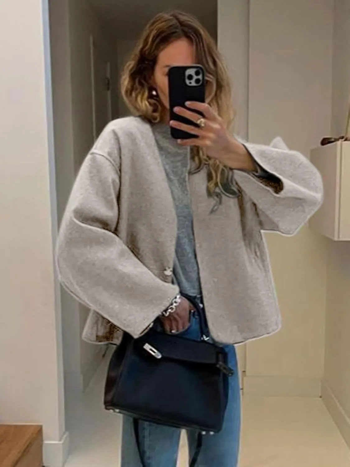 HOTIAN Women Plus Size Cropped Wool Blend Coats Long Sleeve Coat Jacket Peacoat Fall Winter Outwear Overcoat