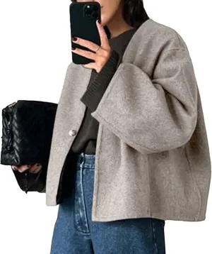 HOTIAN Women Plus Size Cropped Wool Blend Coats Long Sleeve Coat Jacket Peacoat Fall Winter Outwear Overcoat