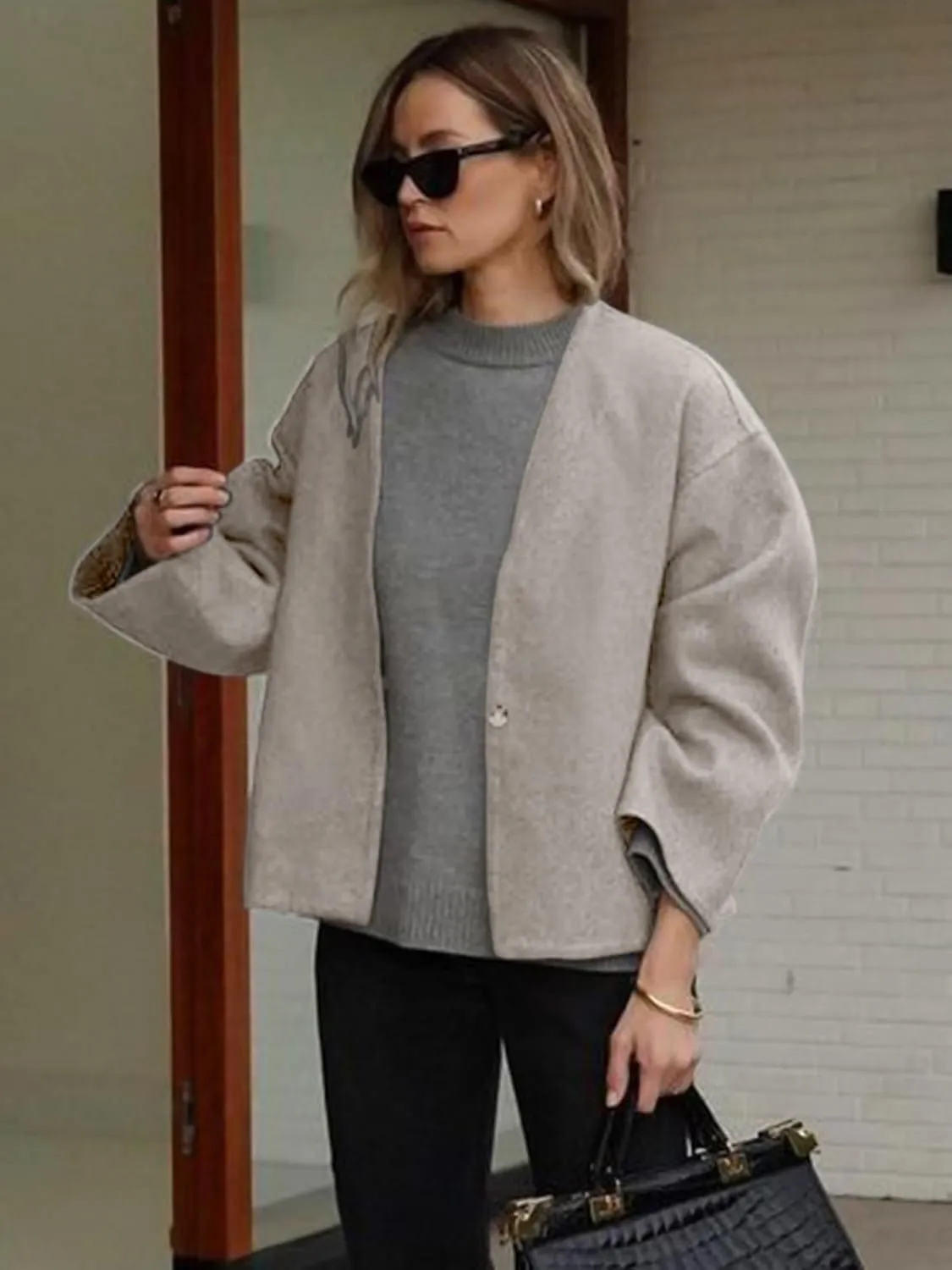 HOTIAN Women Plus Size Cropped Wool Blend Coats Long Sleeve Coat Jacket Peacoat Fall Winter Outwear Overcoat