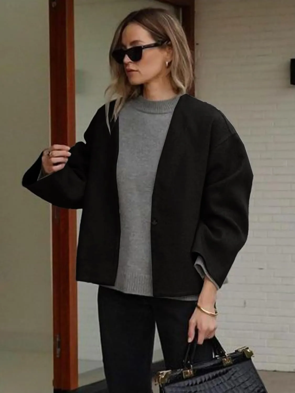 HOTIAN Women Plus Size Cropped Wool Blend Coats Long Sleeve Coat Jacket Peacoat Fall Winter Outwear Overcoat