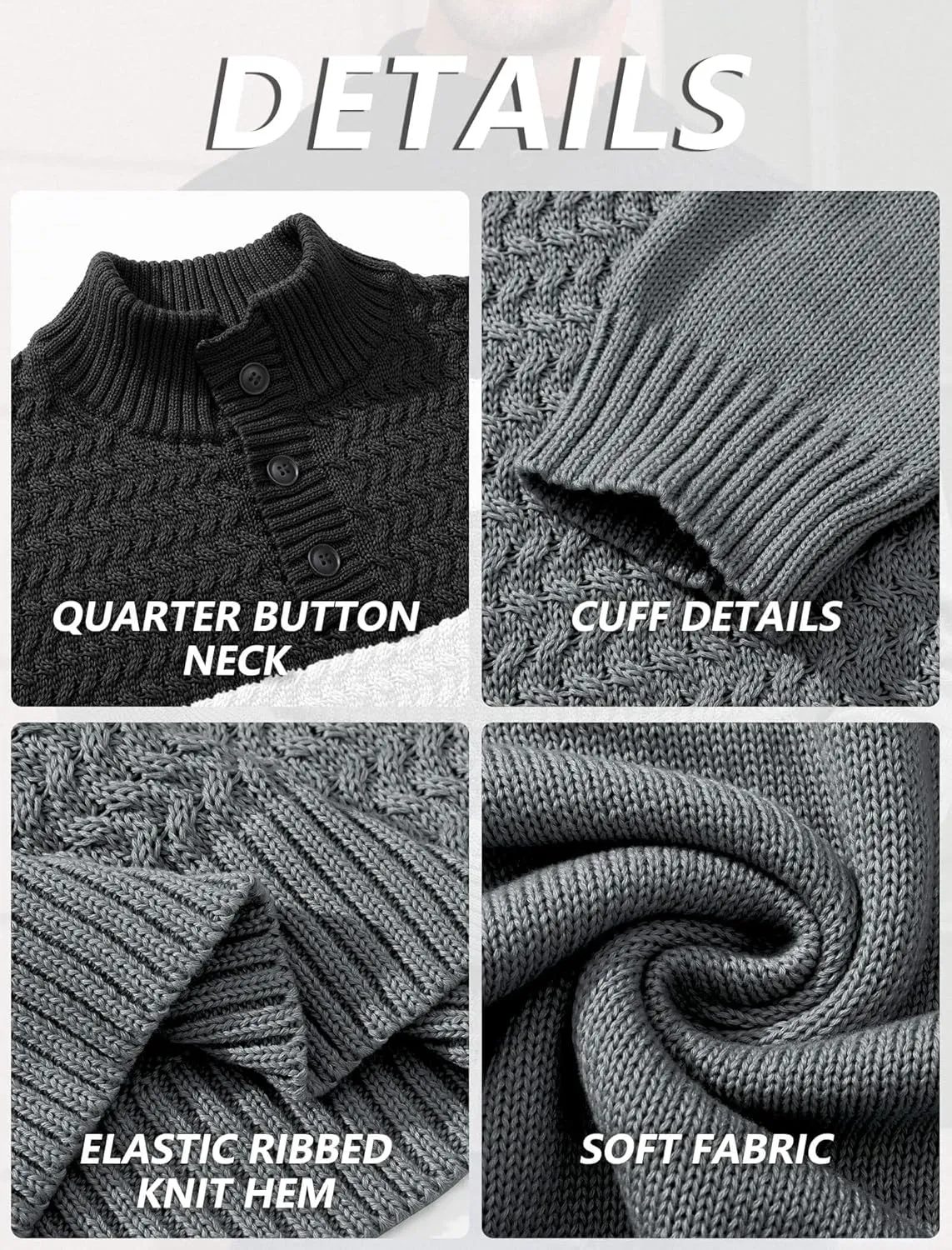 HYPESTFIT Men's Tri-Button Pullover Sweater Mock Neck Lightweight Casual Fashion Knitted Henley Sweater