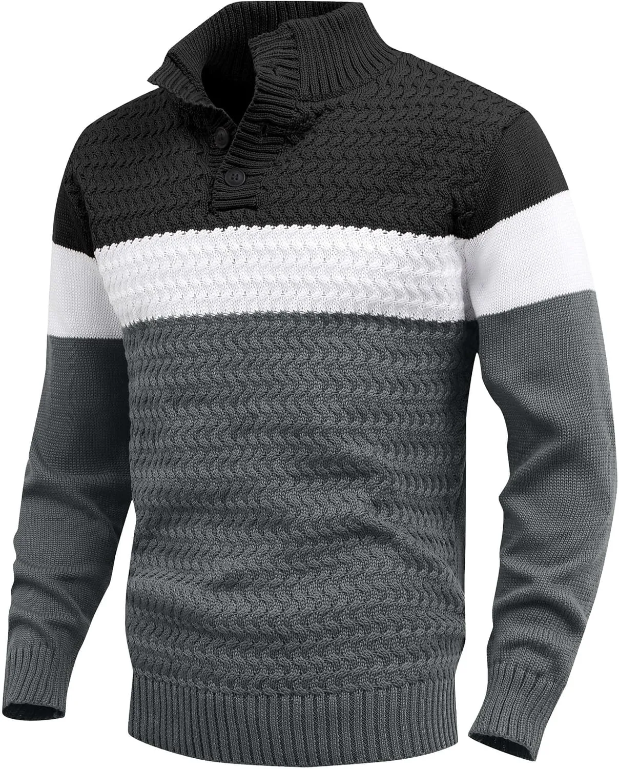 HYPESTFIT Men's Tri-Button Pullover Sweater Mock Neck Lightweight Casual Fashion Knitted Henley Sweater