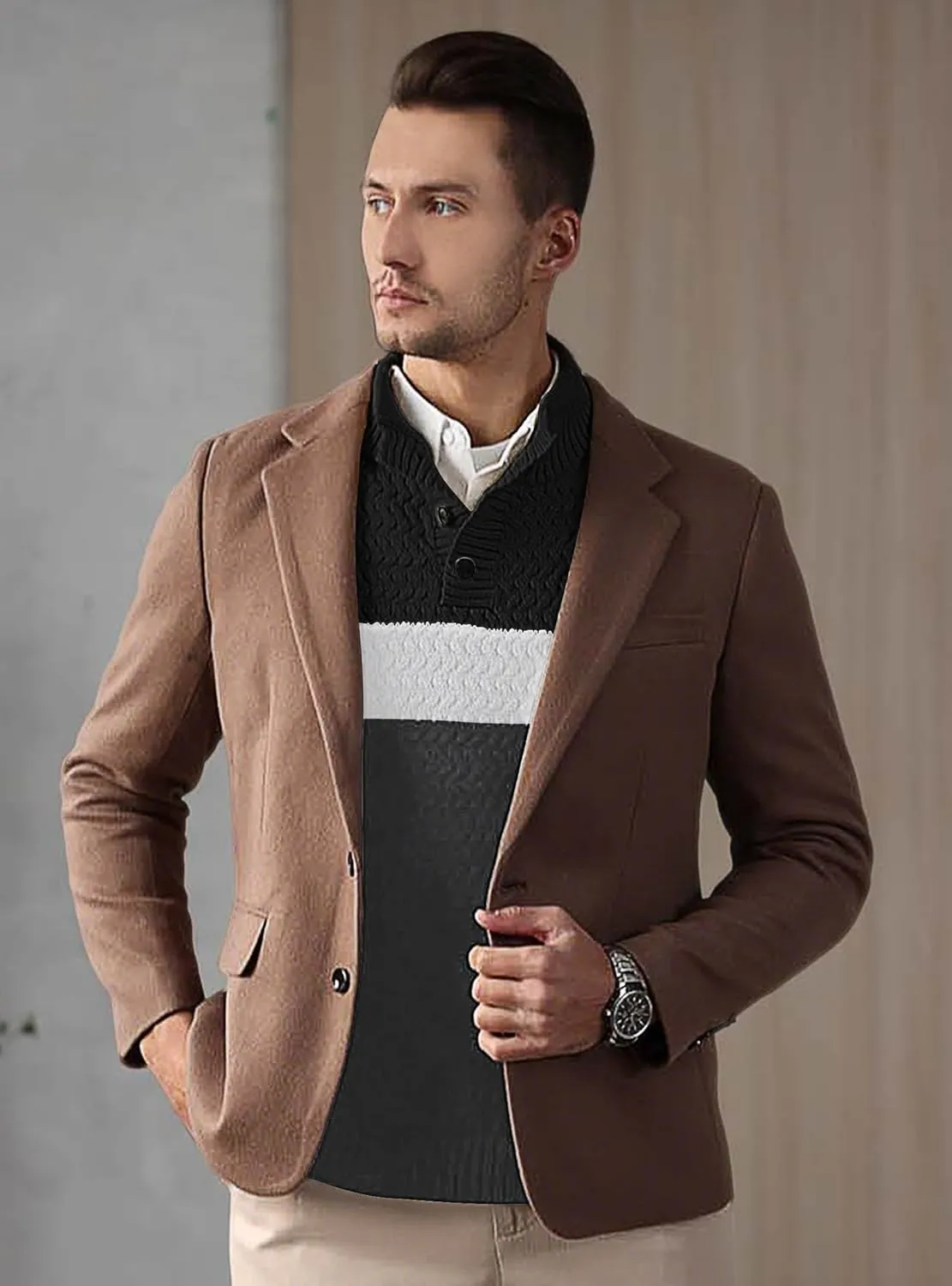 HYPESTFIT Men's Tri-Button Pullover Sweater Mock Neck Lightweight Casual Fashion Knitted Henley Sweater