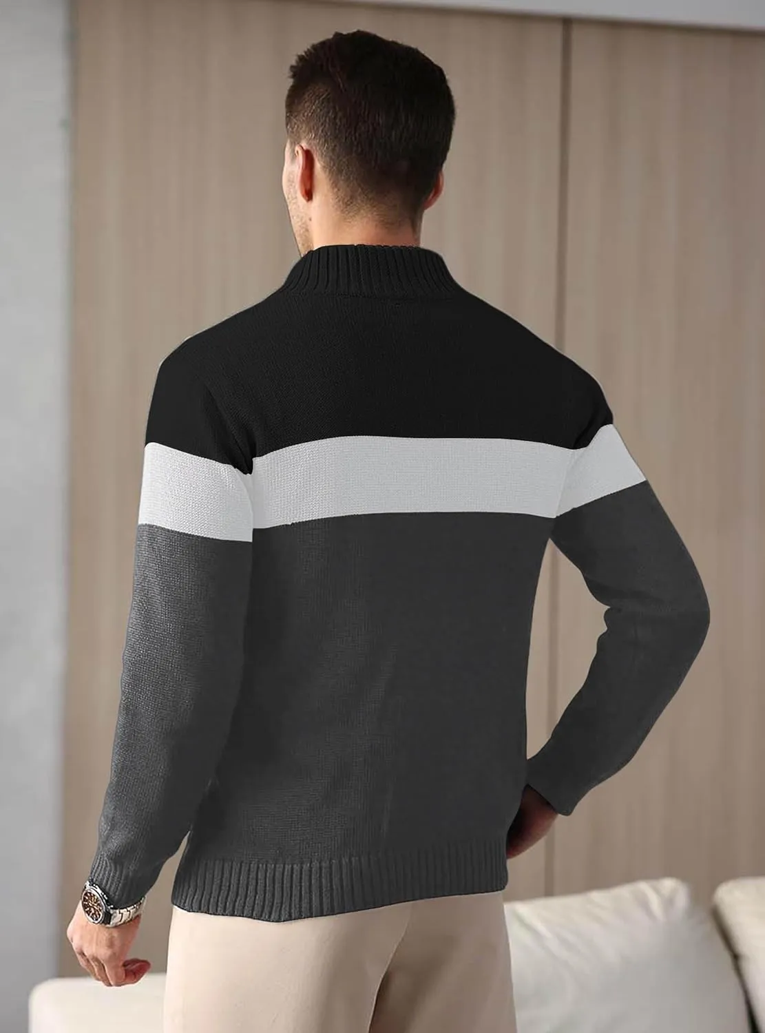 HYPESTFIT Men's Tri-Button Pullover Sweater Mock Neck Lightweight Casual Fashion Knitted Henley Sweater