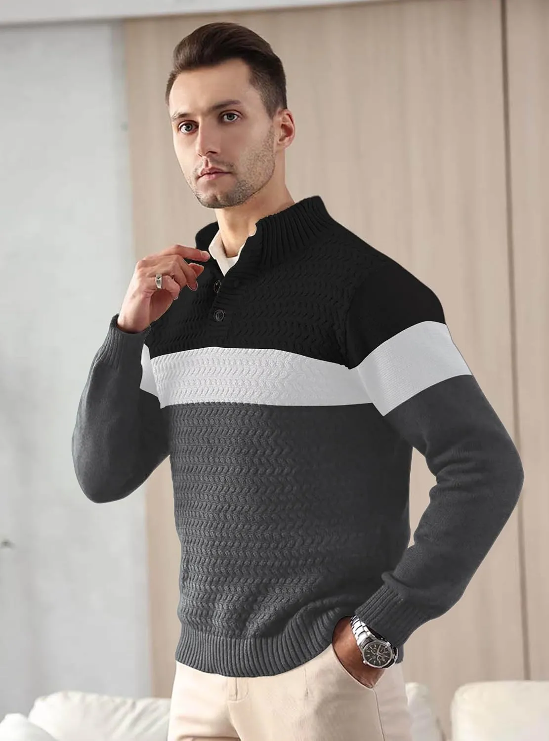 HYPESTFIT Men's Tri-Button Pullover Sweater Mock Neck Lightweight Casual Fashion Knitted Henley Sweater