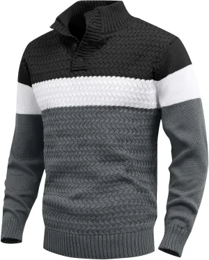 HYPESTFIT Men's Tri-Button Pullover Sweater Mock Neck Lightweight Casual Fashion Knitted Henley Sweater