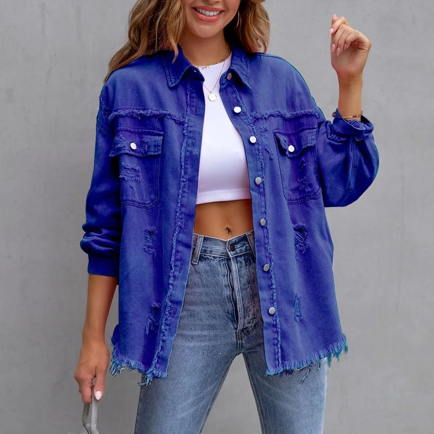 Jackets To Wear Over Dresses Women's Trendy Ripped Oversized Denim Jacket Casual Long Boyfriend Denim Shirt Dress