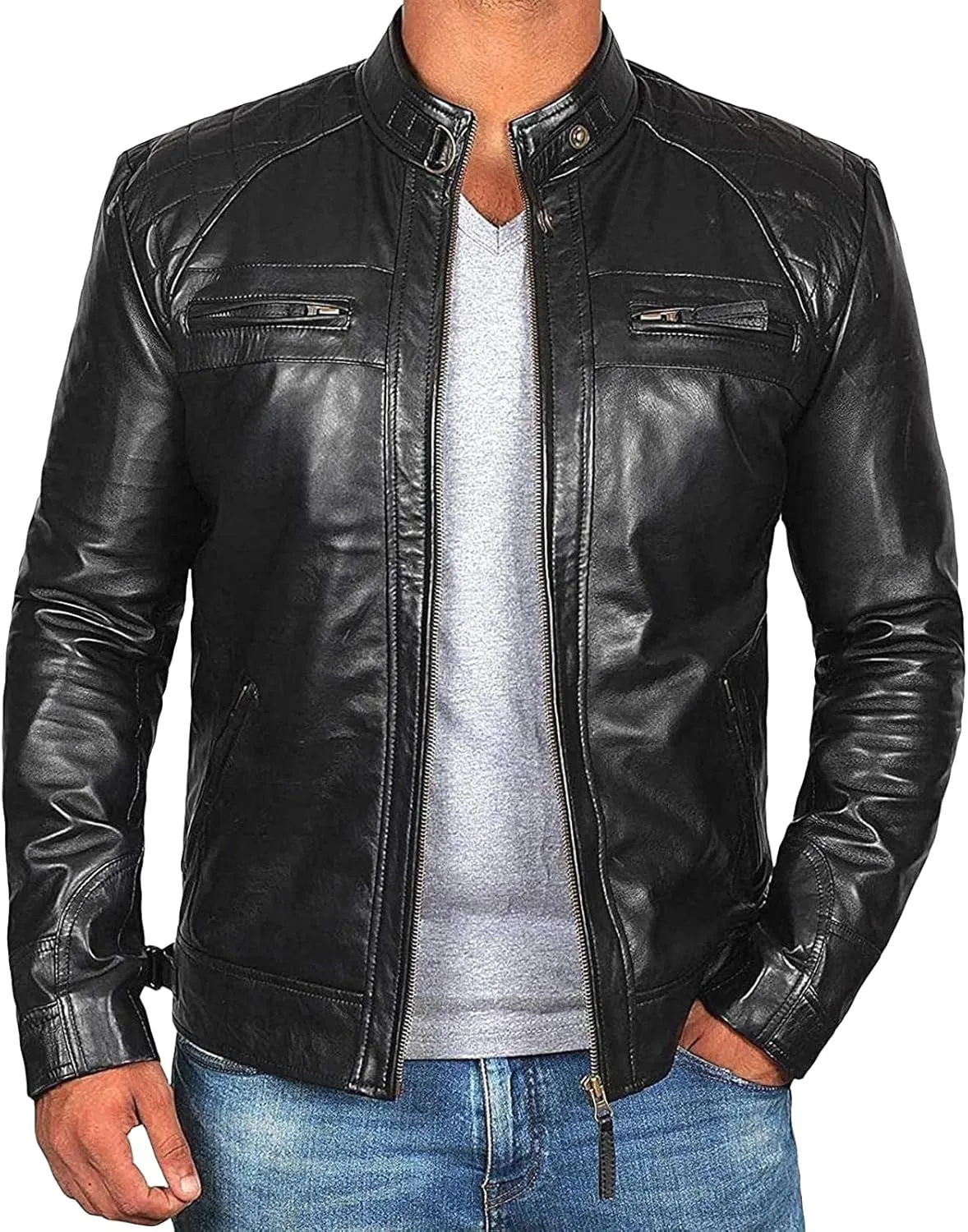JEsilunmaMY Mens Distressed Punk Leather Jacket Vintage Stand Collar Motorcycle Bomber Jacket Casual Sport Moto Biker Coat