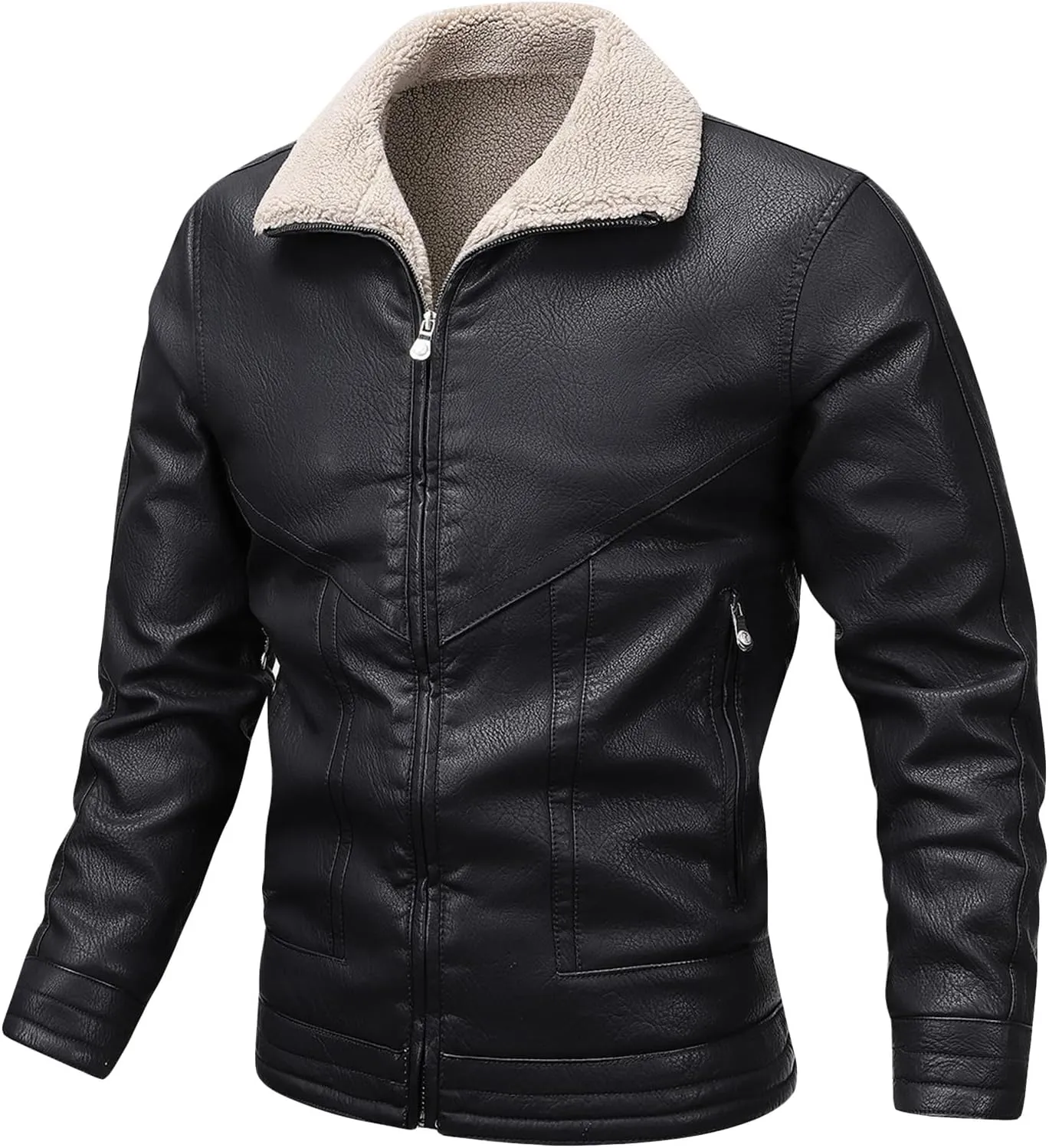 JEsilunmaMY Men's Fur Collar Winter Leather Jacket Full Zip Fleece Lined Lapel Sherpa Coat Slim Fit Casual Bomber Outwear
