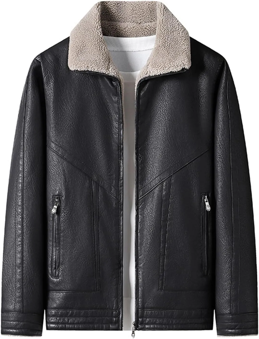 JEsilunmaMY Men's Fur Collar Winter Leather Jacket Full Zip Fleece Lined Lapel Sherpa Coat Slim Fit Casual Bomber Outwear