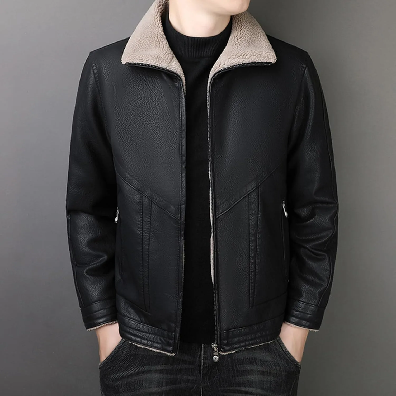 JEsilunmaMY Men's Fur Collar Winter Leather Jacket Full Zip Fleece Lined Lapel Sherpa Coat Slim Fit Casual Bomber Outwear