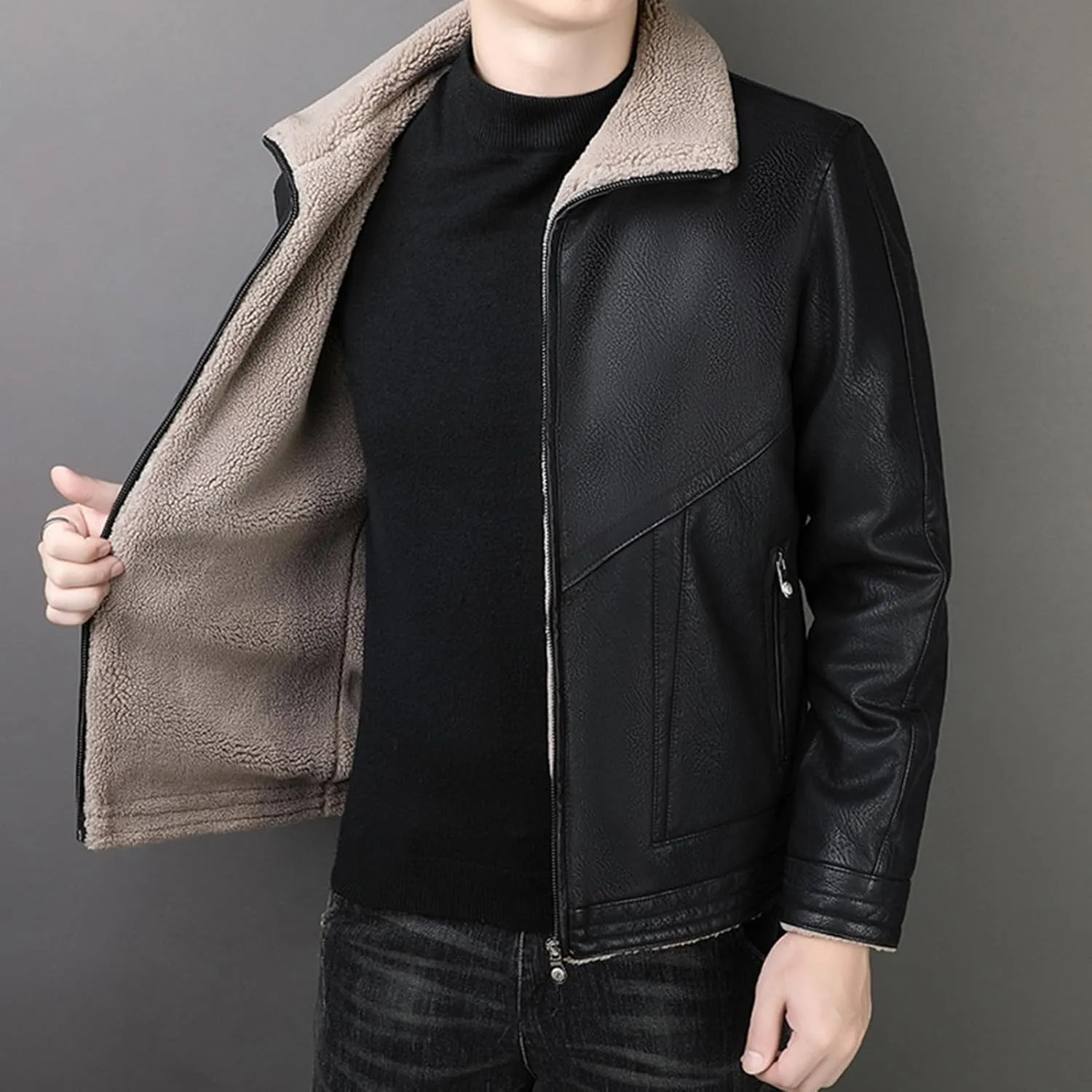 JEsilunmaMY Men's Fur Collar Winter Leather Jacket Full Zip Fleece Lined Lapel Sherpa Coat Slim Fit Casual Bomber Outwear