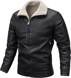 JEsilunmaMY Men's Fur Collar Winter Leather Jacket Full Zip Fleece Lined Lapel Sherpa Coat Slim Fit Casual Bomber Outwear