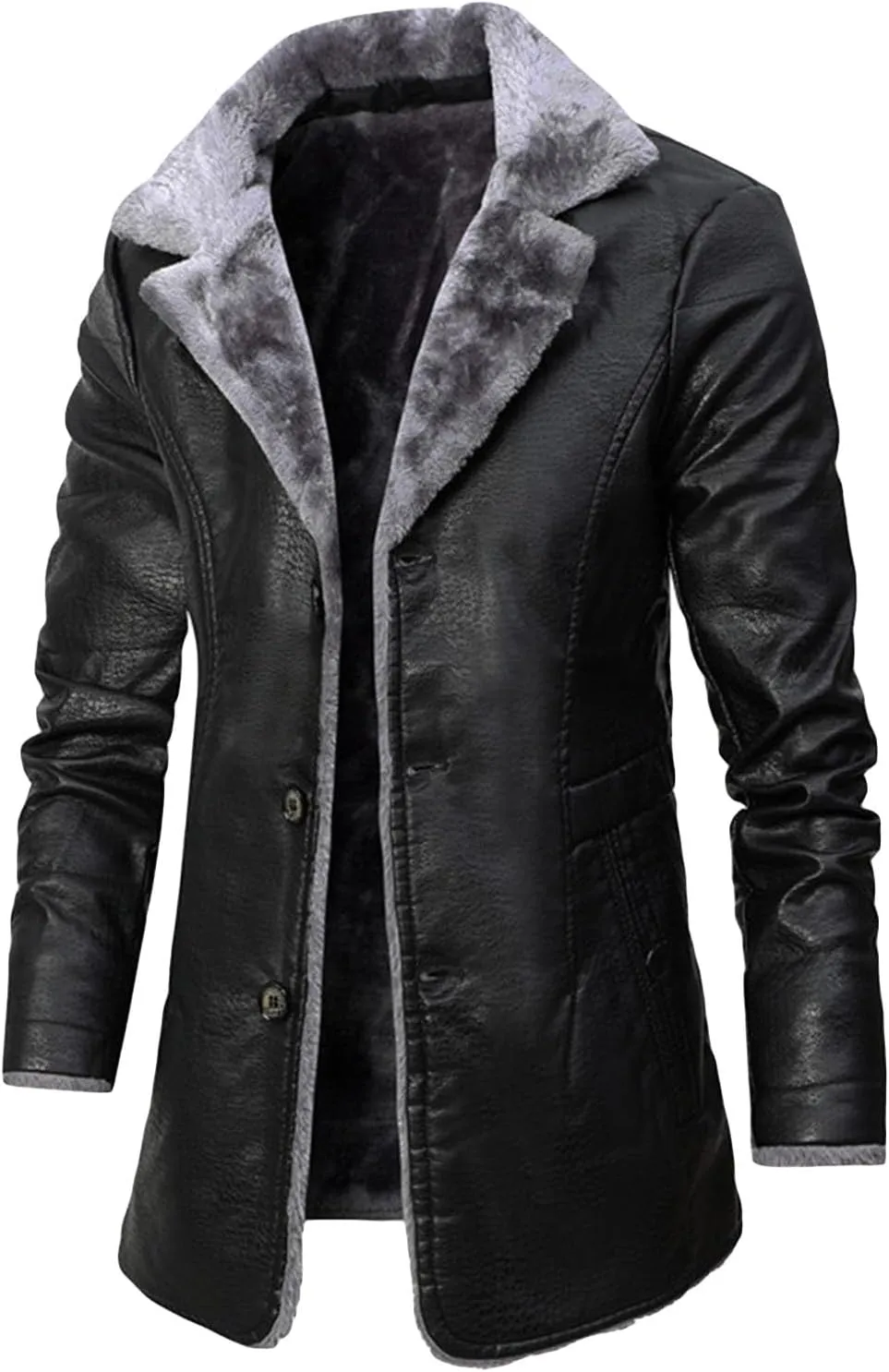 JEsilunmaMY Mens Fur Suit Collar Trench Coat Fashion Business 3 Button Leather Jacket Fall Winter Fleece Sherpa Windbreaker
