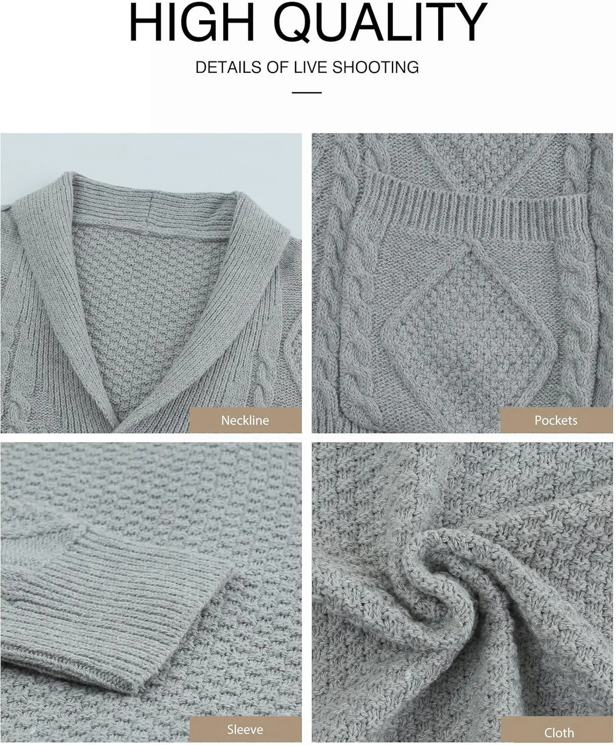 JMIERR Men's Casual Long Sleeve Shawl Collar Buttons Down Cable Knit Cardigan Sweater with Pockets