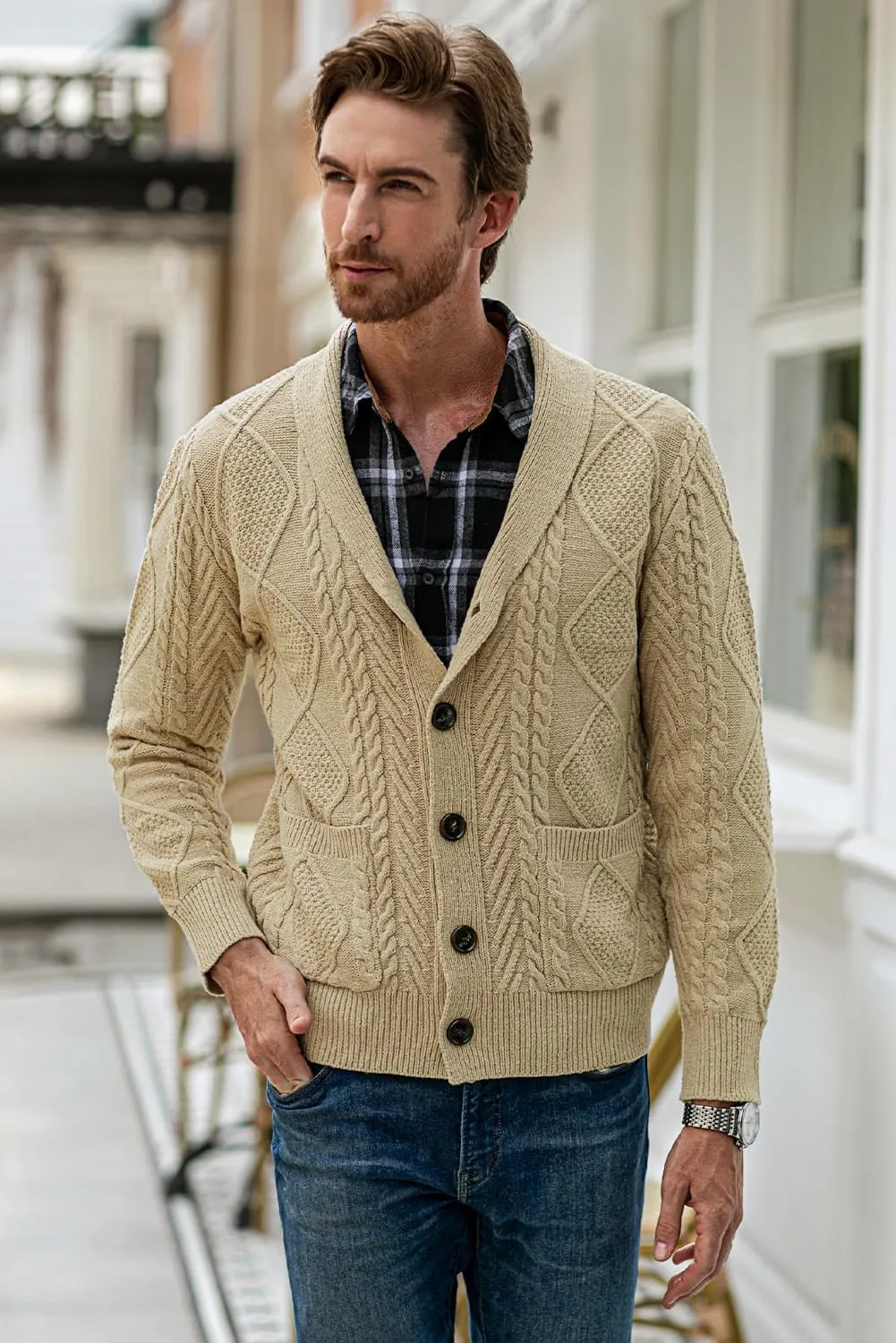 JMIERR Men's Casual Long Sleeve Shawl Collar Buttons Down Cable Knit Cardigan Sweater with Pockets