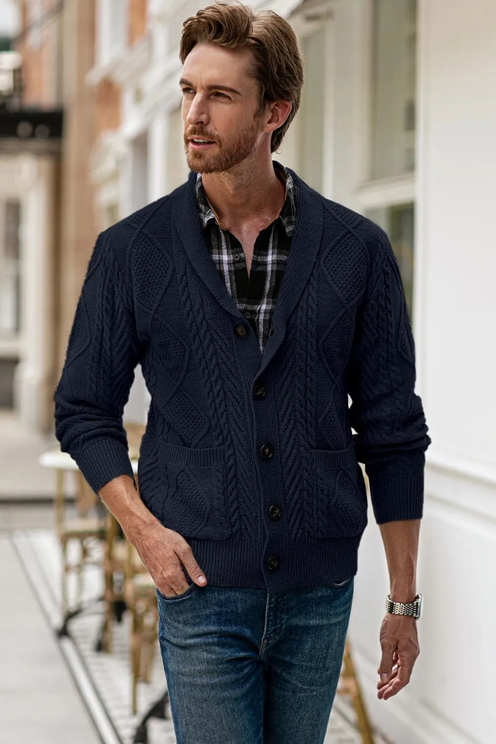 JMIERR Men's Casual Long Sleeve Shawl Collar Buttons Down Cable Knit Cardigan Sweater with Pockets
