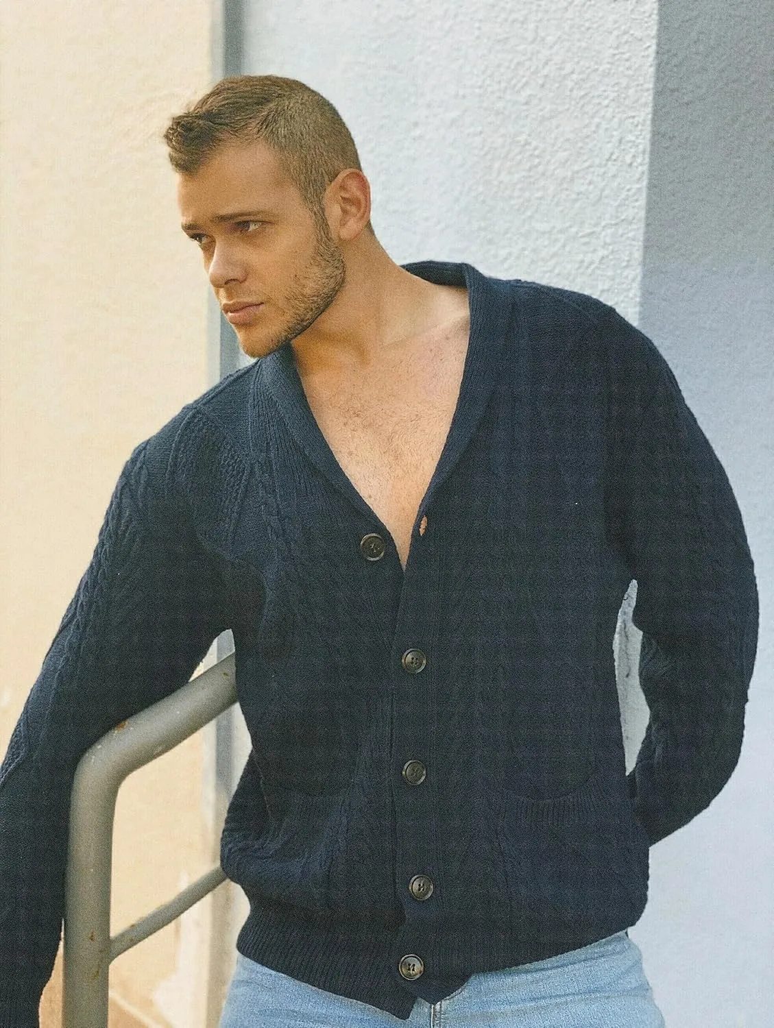 JMIERR Men's Casual Long Sleeve Shawl Collar Buttons Down Cable Knit Cardigan Sweater with Pockets