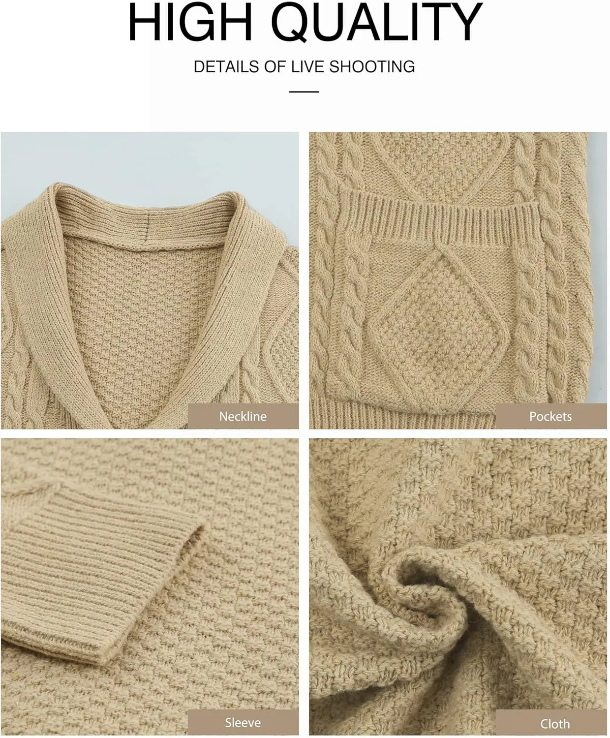 JMIERR Men's Casual Long Sleeve Shawl Collar Buttons Down Cable Knit Cardigan Sweater with Pockets