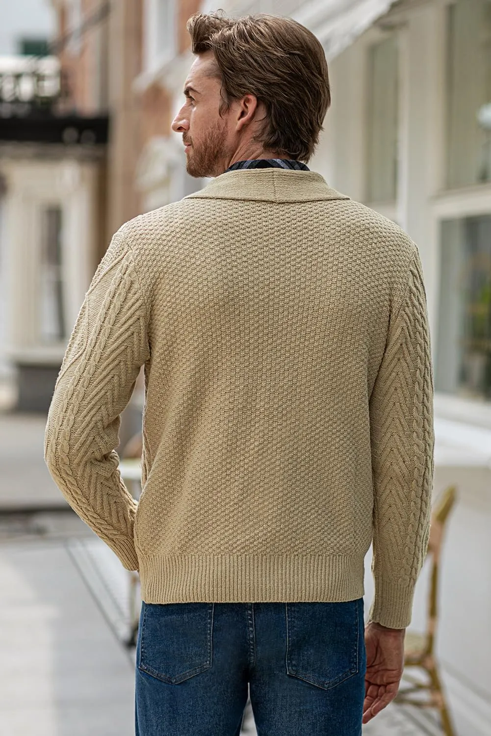 JMIERR Men's Casual Long Sleeve Shawl Collar Buttons Down Cable Knit Cardigan Sweater with Pockets