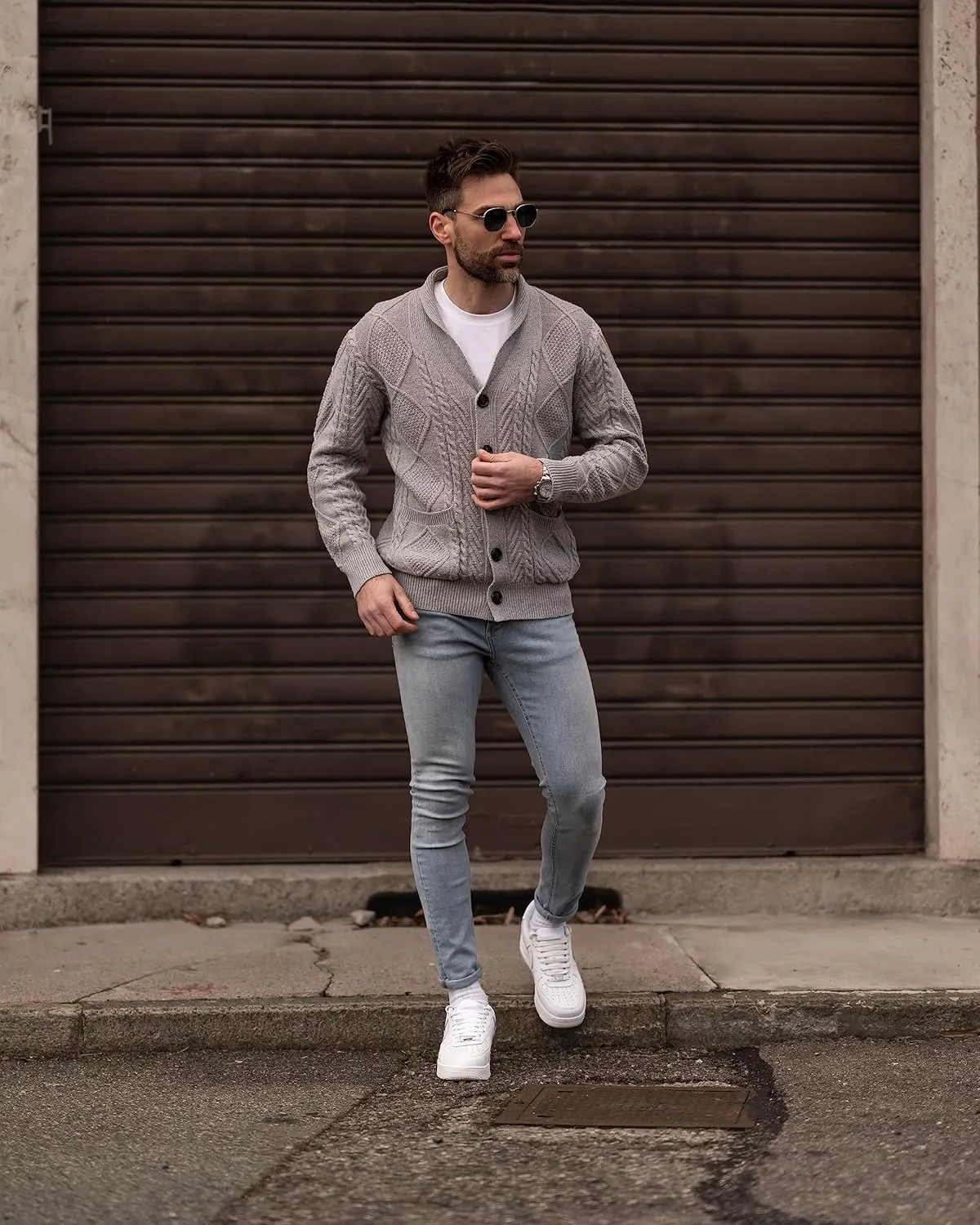 JMIERR Men's Casual Long Sleeve Shawl Collar Buttons Down Cable Knit Cardigan Sweater with Pockets