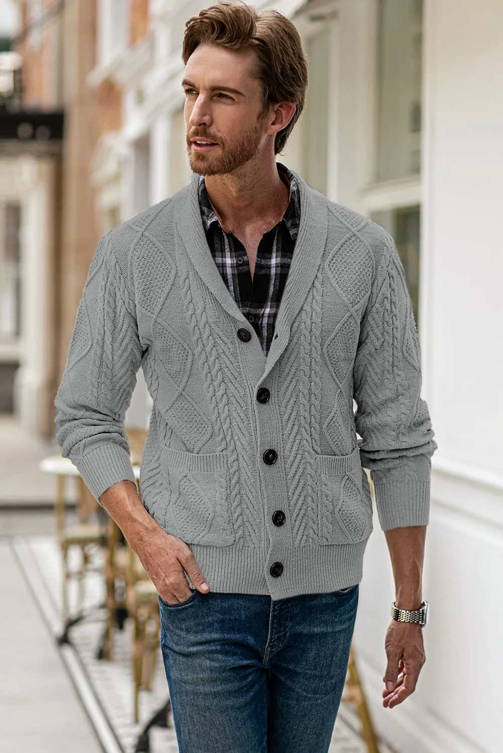 JMIERR Men's Casual Long Sleeve Shawl Collar Buttons Down Cable Knit Cardigan Sweater with Pockets
