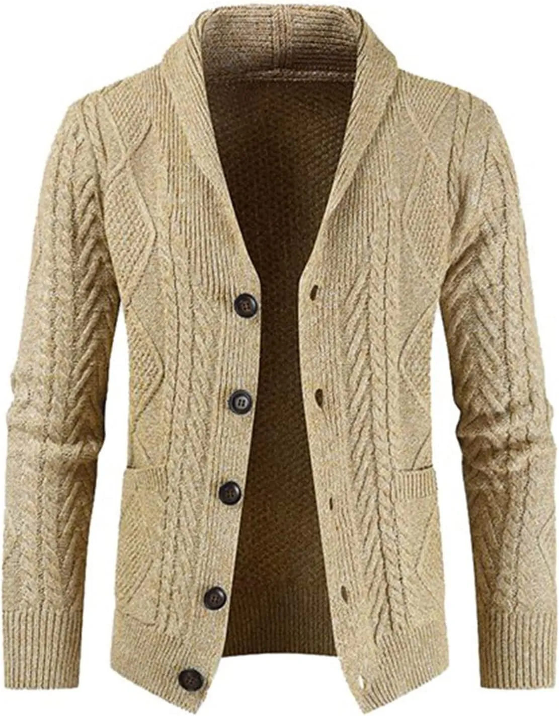 JMIERR Men's Casual Long Sleeve Shawl Collar Buttons Down Cable Knit Cardigan Sweater with Pockets